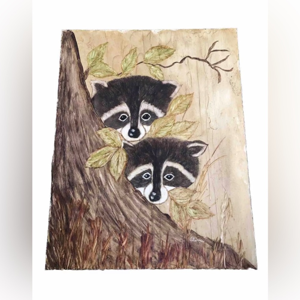 Cute Raccoon In Woods Painting 14 X 11” Folk Art Anthropomorphic - Signed